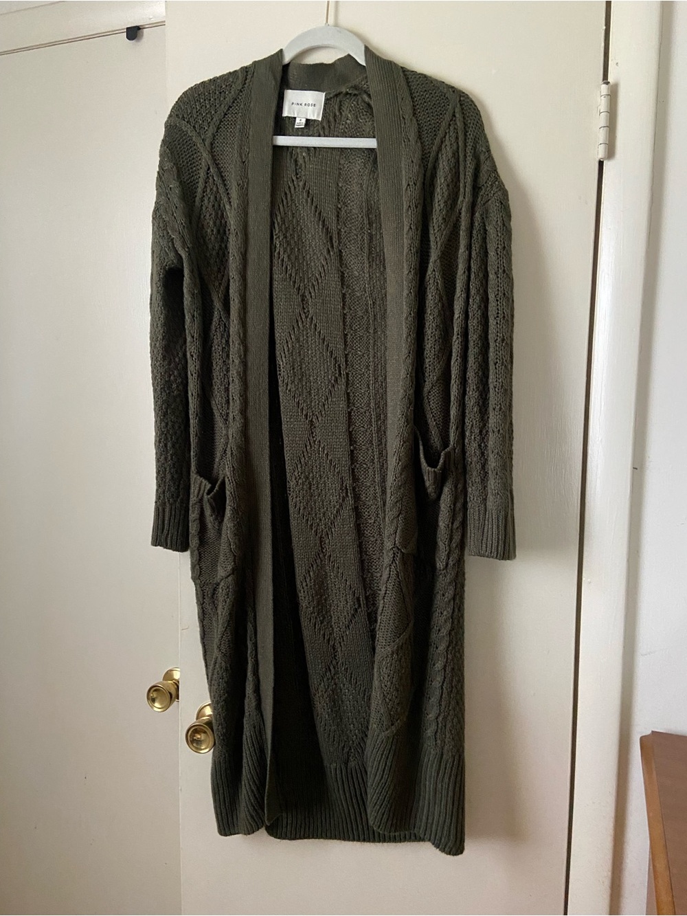Olive Green Cable Knit Long Open Cardigan